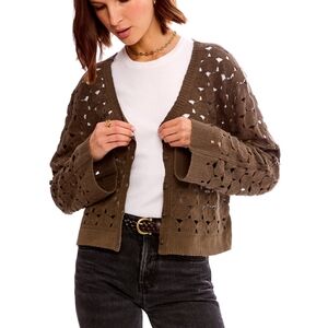 bobeau Olive Green Bell Sleeve Crochet Cardigan